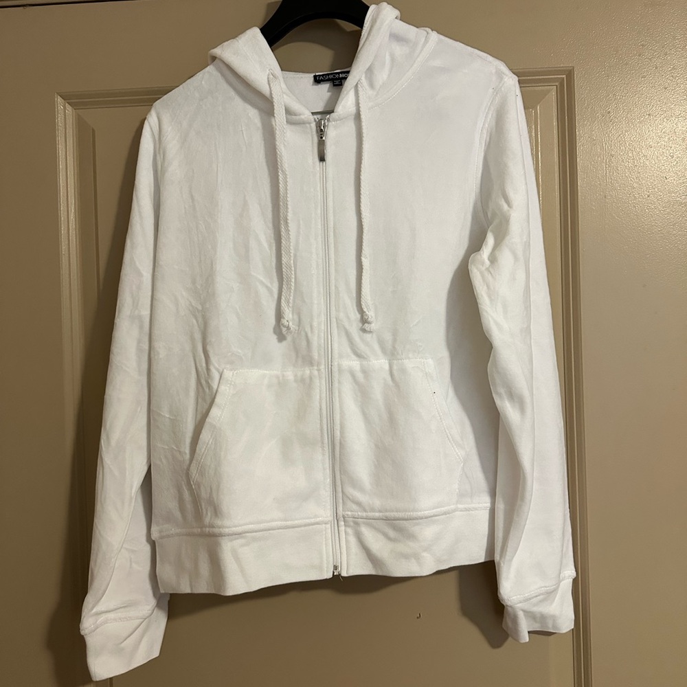 White Zip-Up Velour Hoodie